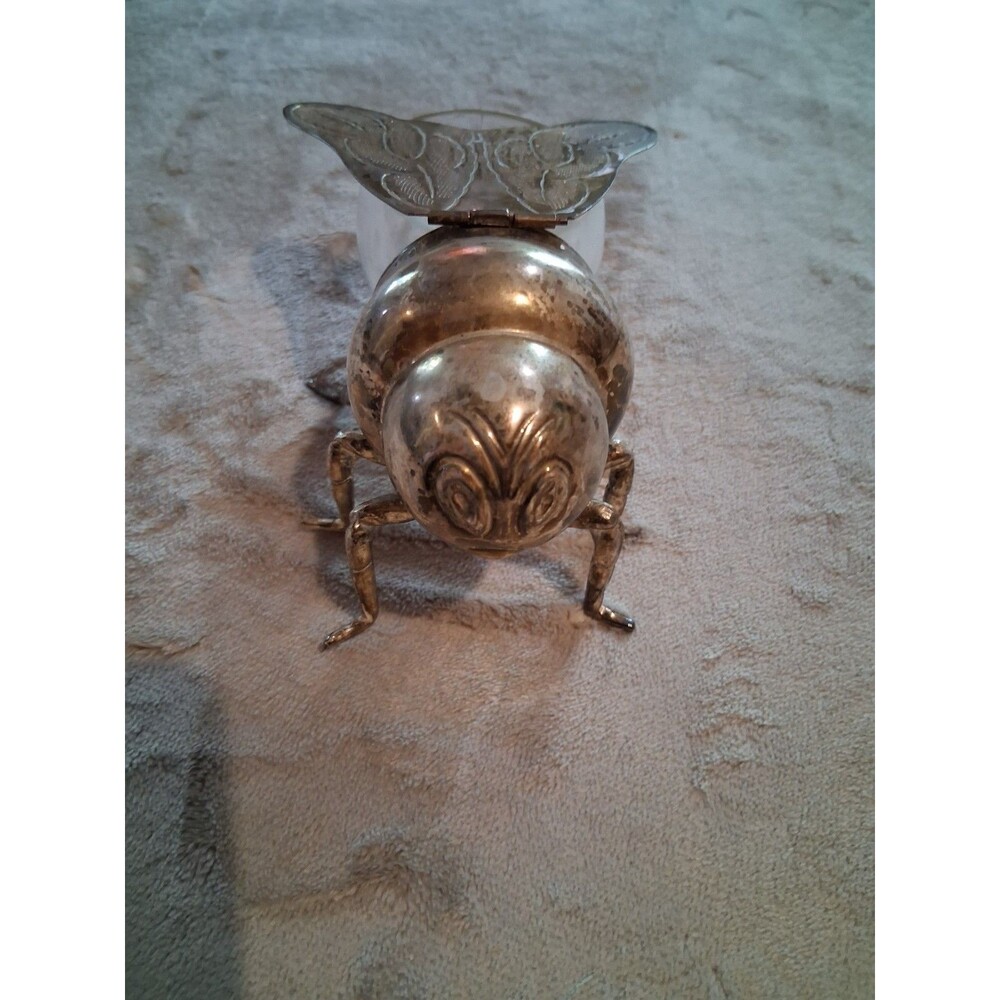 Antique Mappin & Webb Silverplate Bee Form Honey Pot Clear Rare Wing Pattern